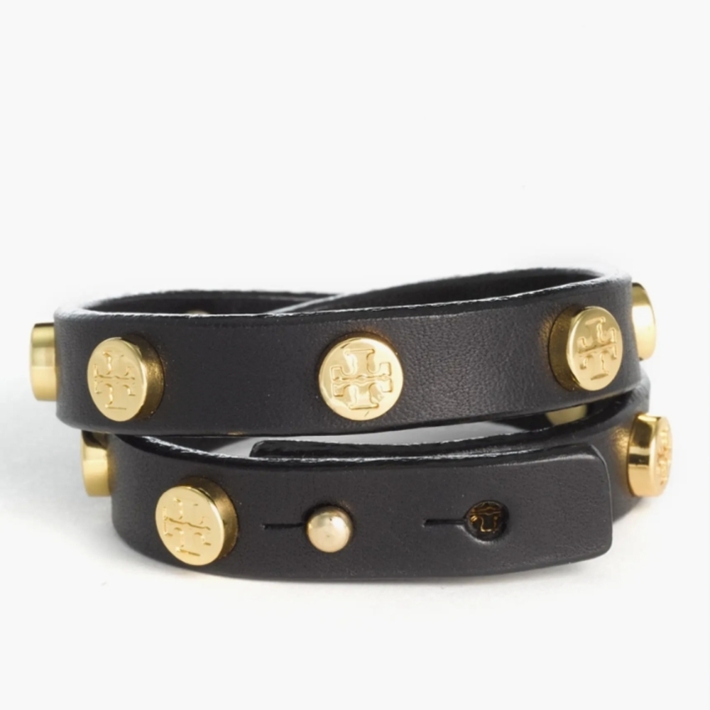 Tory Burch Black Leather Bracelet with Gold Accents